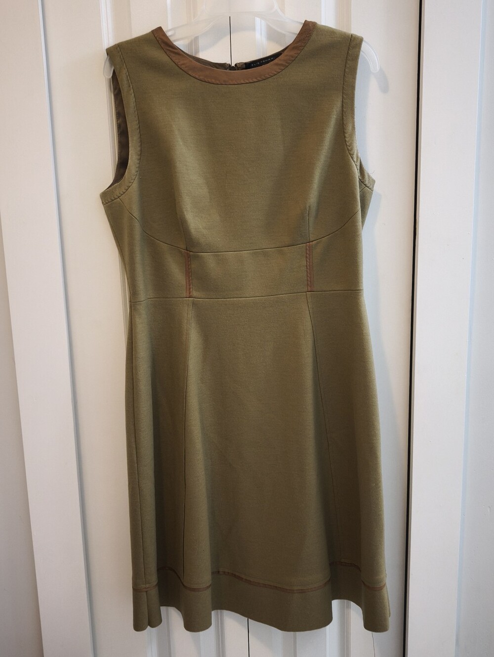 Elie Tahari Olive Green Sleeveless Midi Dress with Leather Trim